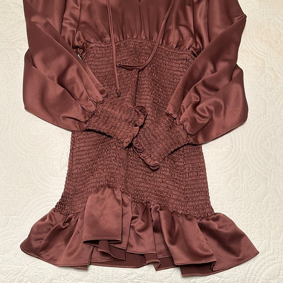 NWOT RARE Karlie Smocked Satin Ruffled Mini Dress in Muave Size S - Picture 5 of 11